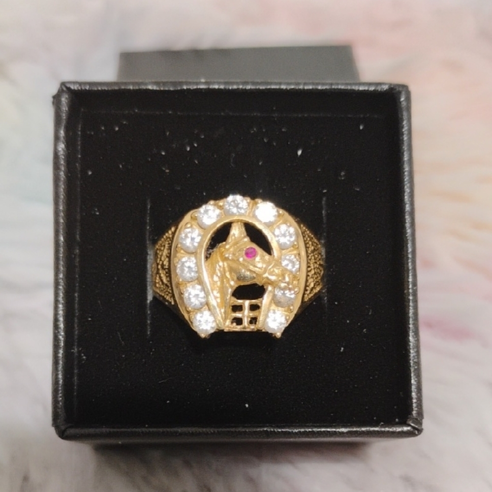 SALE! RARE! 40's 14kt Elegant Gold Horse Shoe Ring 11 Diamonds & 1 Ruby Eye